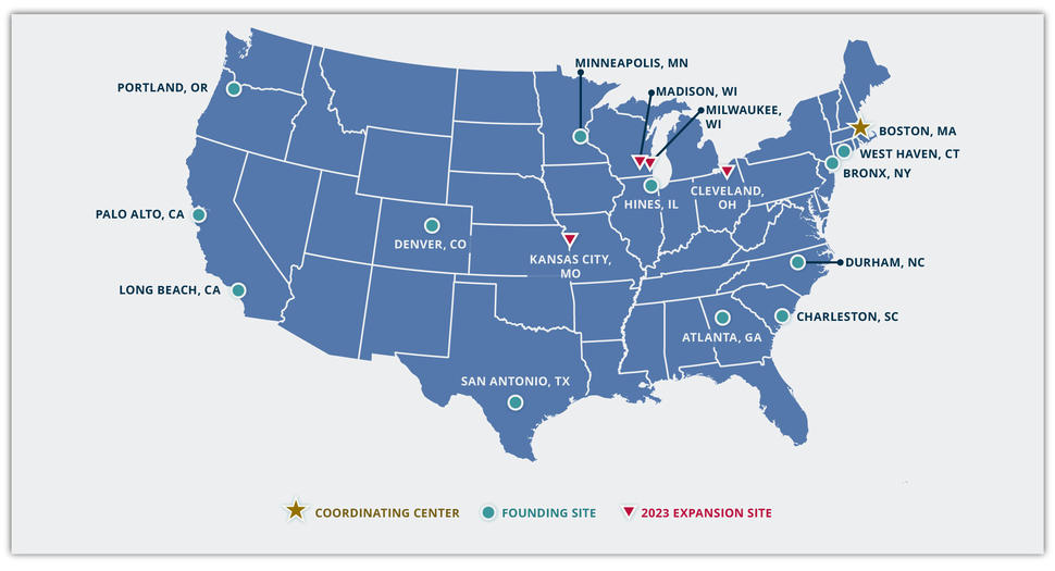 Map of the United States showing the locations of the NAVIGATE program's coordinating center, founding sites, and 2023 expansion sites.