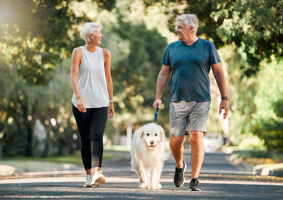 An older man and woman walking a dog.