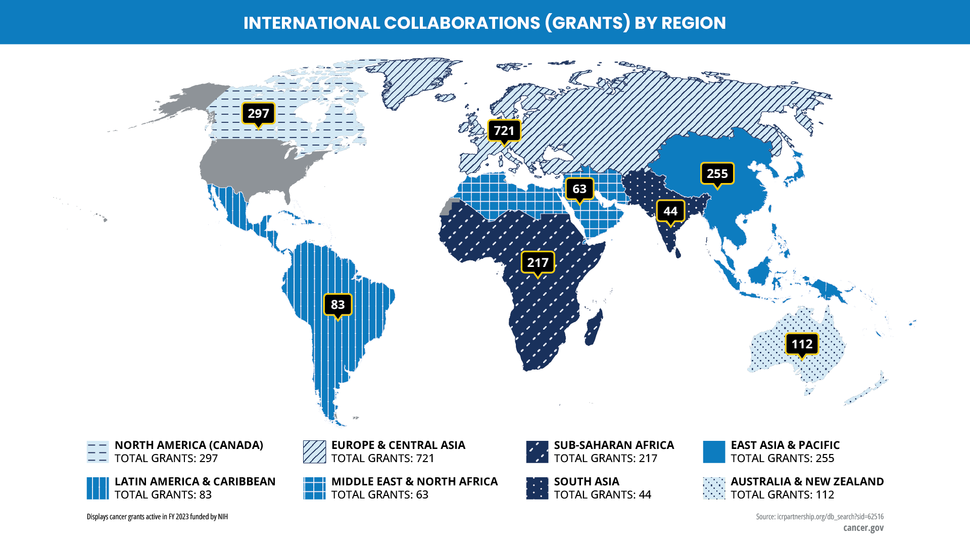 A world map with approximate boundaries of each world region and the number of grants funded in each region.  Australia & New Zealand: 112 grants East Asia & Pacific:  255 grants Europe & Central Asia:  721 grants Latin America & Caribbean: 83 grants Middle East & North Africa: 63 grants North America (Canada): 297 grants South Asia: 44 grants Sub-Saharan Africa: 217 grants