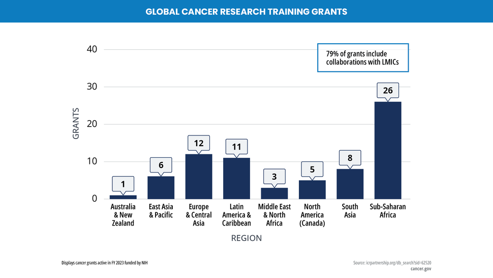 NIH global cancer research training grants show the number of grants by world region.  Australia & New Zealand: 1 grant East Asia & Pacific: 6 grants Europe & Central Asia: 12 grants Latin America & Caribbean: 11 grants Middle East & North Africa: 3 grants North America (Canada): 5 grants South Asia: 8 grants Sub-Saharan Africa: 26 grants