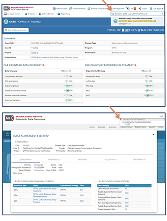 Single image showing two screenshots. On the left: Shows proteomics.datacommons.cancer.gov website with the PDC case ID from the CPTAC.11LU022 inputted in search (the case ID is “f1ed961a-cf1e-11e9-9a07-0a80fada099c “). Under the search is the resulting pop-up box with the case summary for the 11U022 data with tabs to display metadata for demographics, diagnosis, exposure, follow-up, and treatment. The active tab shows tables with the file count by experimental strategy and data category. On the right: Show