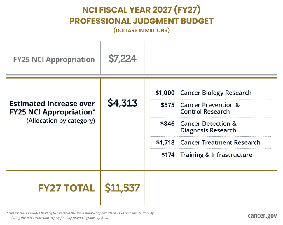 Table showing prior FY25, estimated increase over FY25, and total FY27 budget amounts. Dollars in millions. The estimated FY27 amount is broken up by research area.