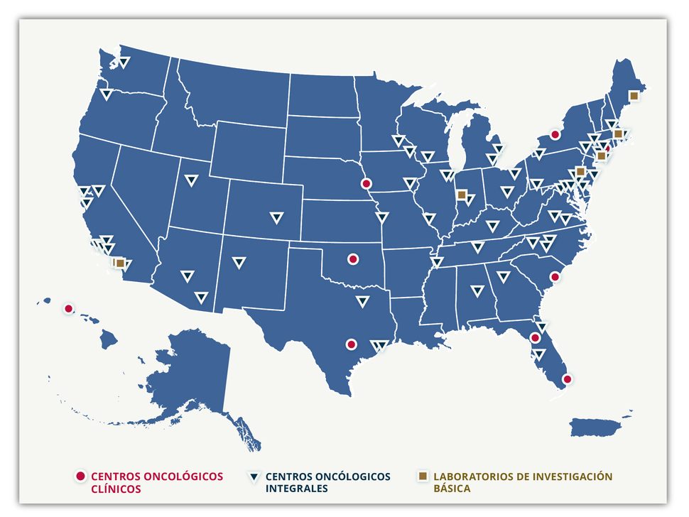 Un mapa de los Estados Unidos en el que se muestra la ubicación de los centros oncológicos.