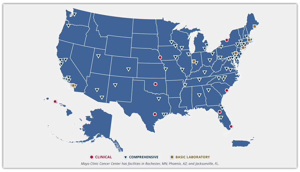 A map of the USA with designations for the locations of cancer centers