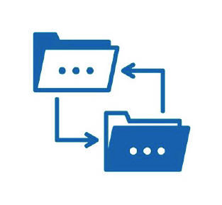 data sharing icon showing a white folder with an arrow pointing to a dark blue folder that has an arrow pointing back to the white folder