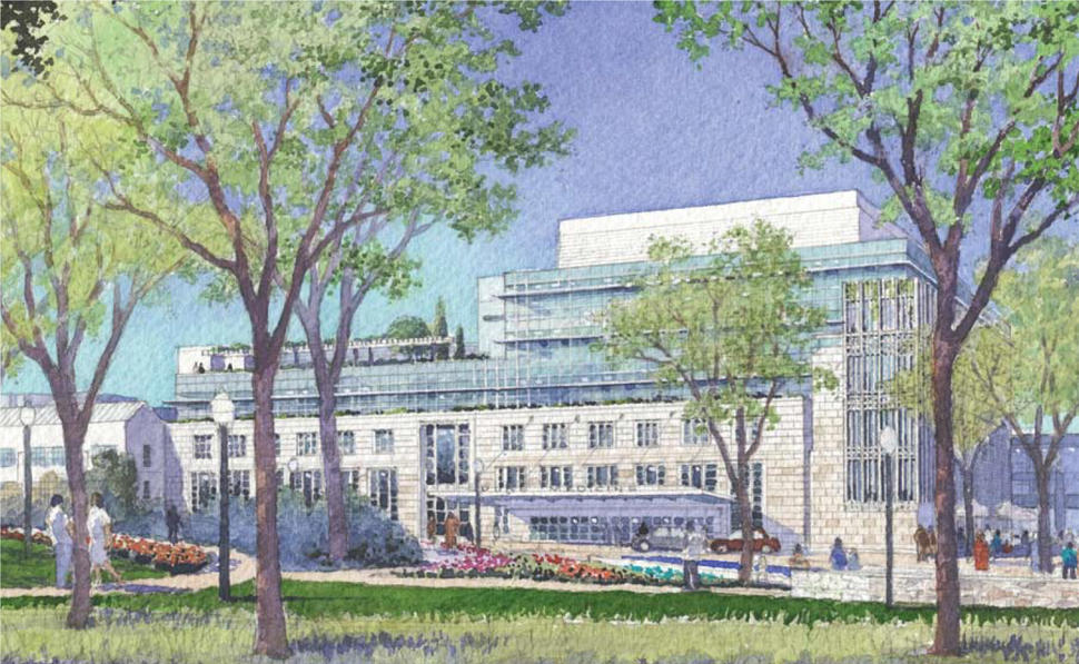 An illustration of the Duke Cancer Institute. In the foreground are leafy green trees; in the background, a white multistory building can be seen in the center. On either side, there are buildings with similar exteriors in different sizes.