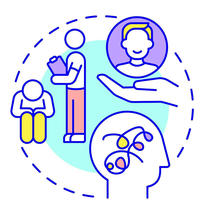 A icon containing three distinct scenes within a dotted circle. The first shows a seated person with their head bowed while a person with a clipboard stands next to them; the second shows a side view of a hand with a circle containing a smiling head floating above the hand; the last shows a silhouette of a head with squiggly lines where the brain would reside.