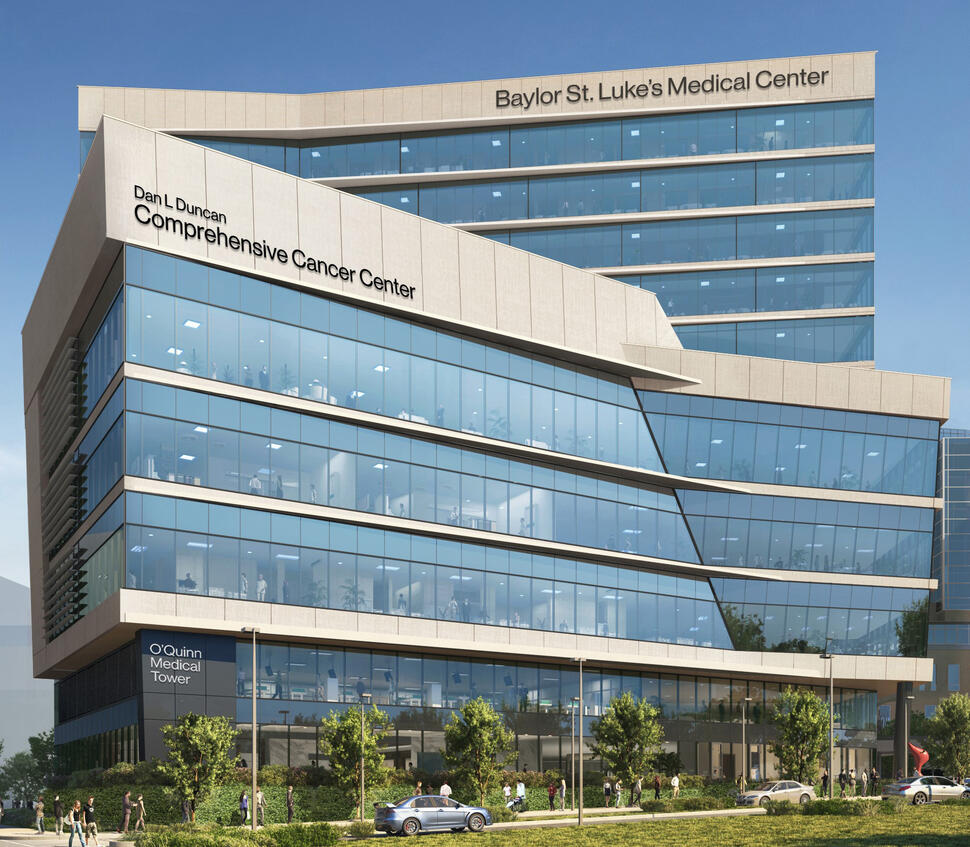 Dan L Duncan Comprehensive Cancer Center at Baylor College of Medicine, a modern glass-fronted building with angular design and people outside.