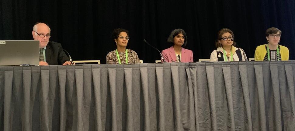 Photo of a panel at an AACR 2026 NCI-selected session with Drs. Dan gallahan, Cheryl Cero, Soumya Korrapati, Sharmi Ghosh-Janjigian, and Claire McCarthy
