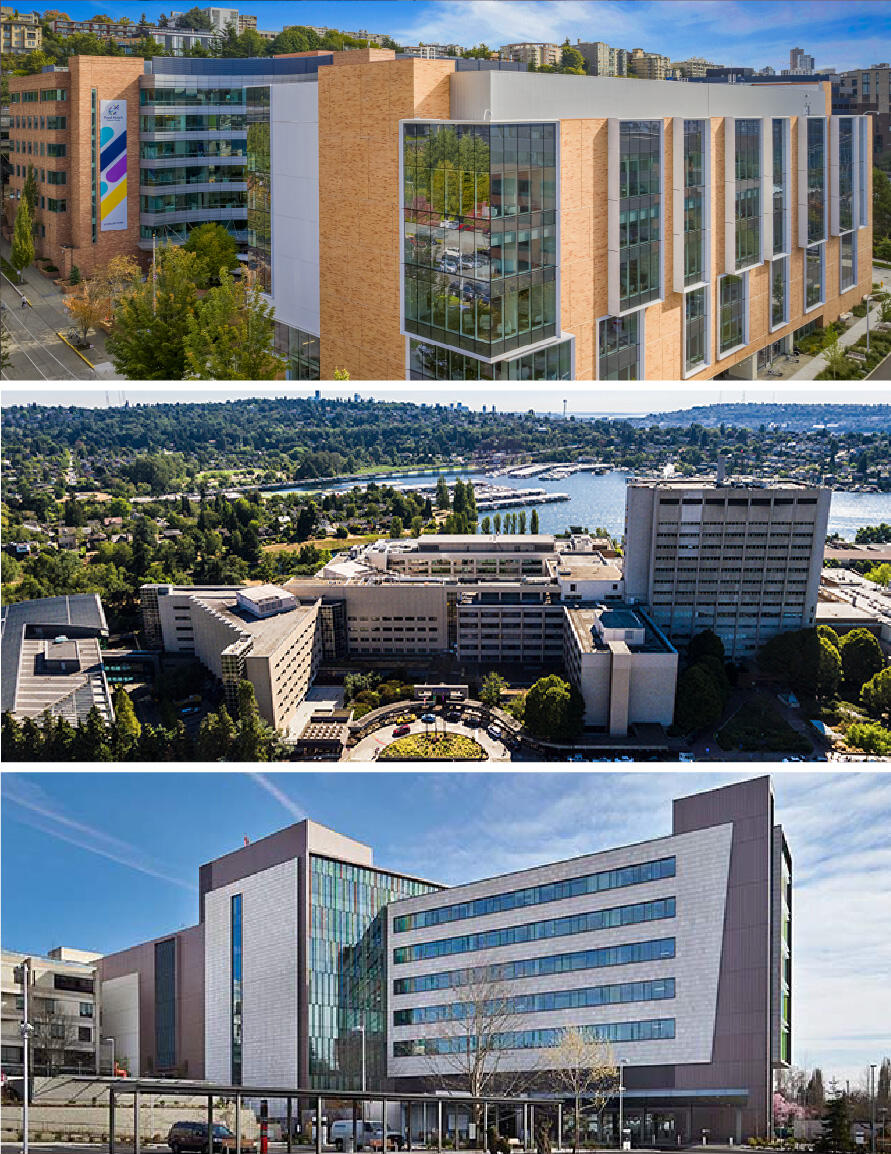 Fred Hutchinson/University of Washington Cancer Consortium buildings in three views, including modern glass and brick structures and a waterfront setting.