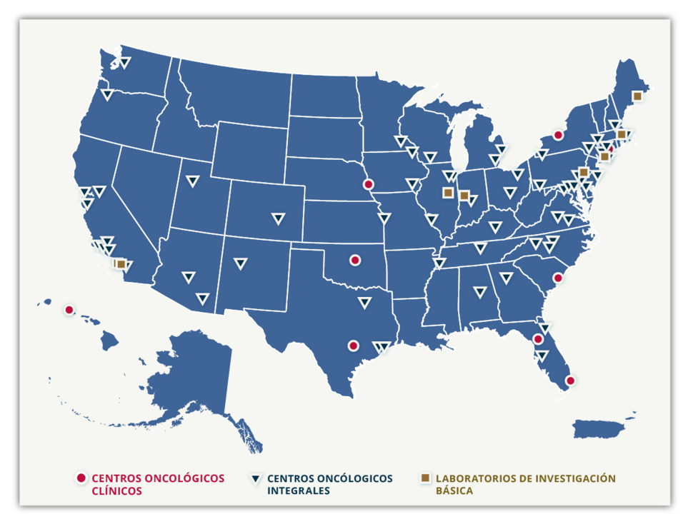 Un mapa de los Estados Unidos en el que se muestra la ubicación de los centros oncológicos.