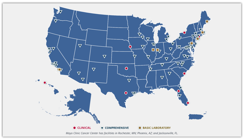 A map of the USA with designations for the locations of cancer centers