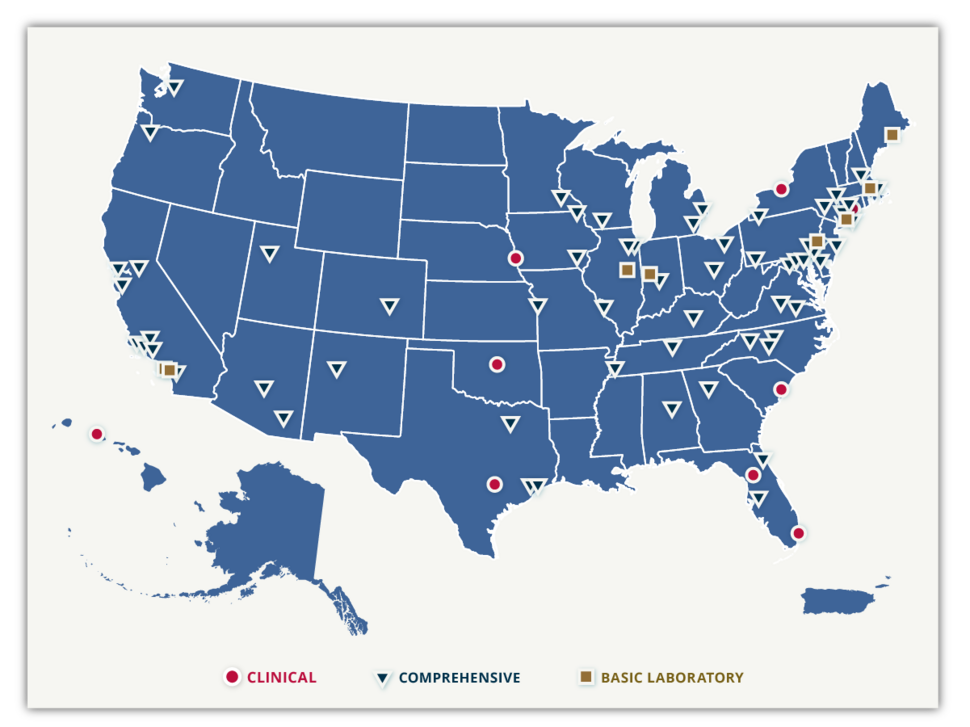 A map of the USA with designations for the locations of cancer centers