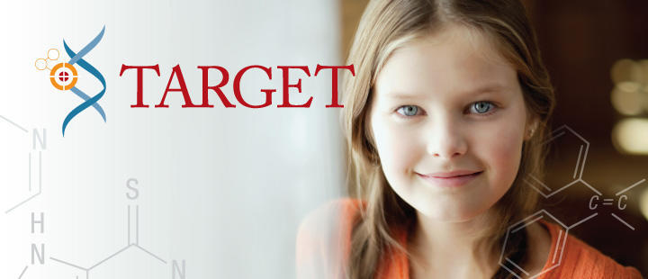 image of a young girl with long blonde hair (right) next to an illustration of DNA and text sayin TARGET