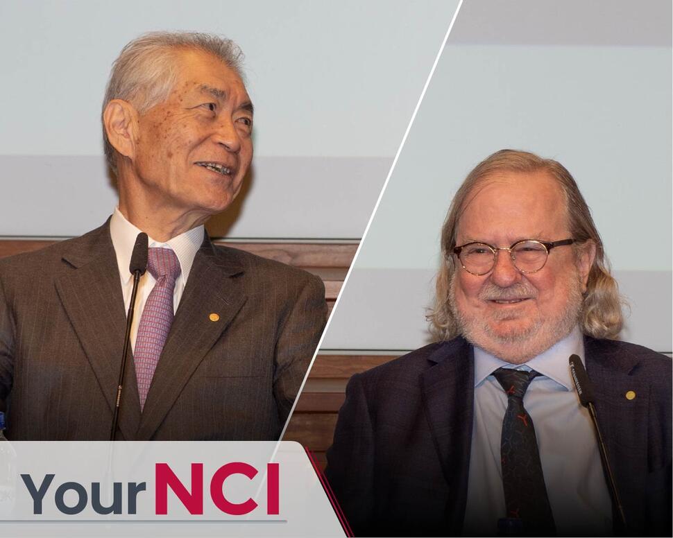 Split-screen showing Nobel laureates Tasuku Honjo (left) and James Allison. 