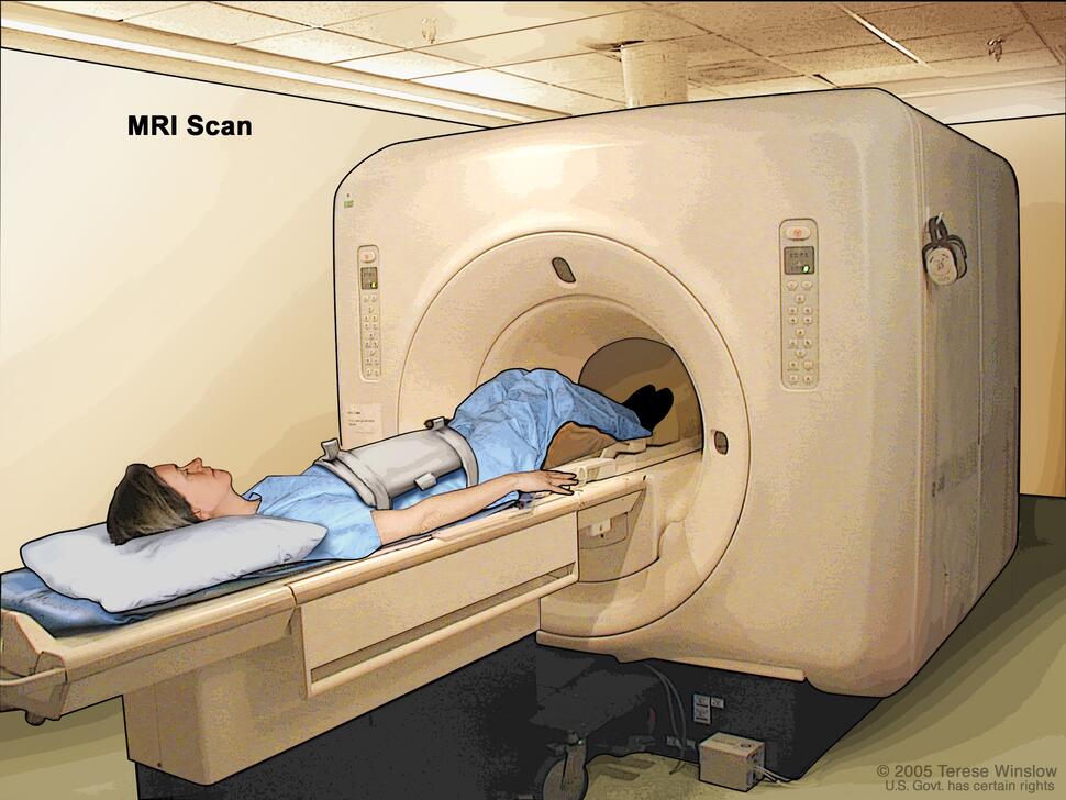 Drawing shows the patient on a table that slides into the MRI machine, which takes pictures of the inside of the body. There is a white, rectangular pad covering the patient's abdomen.