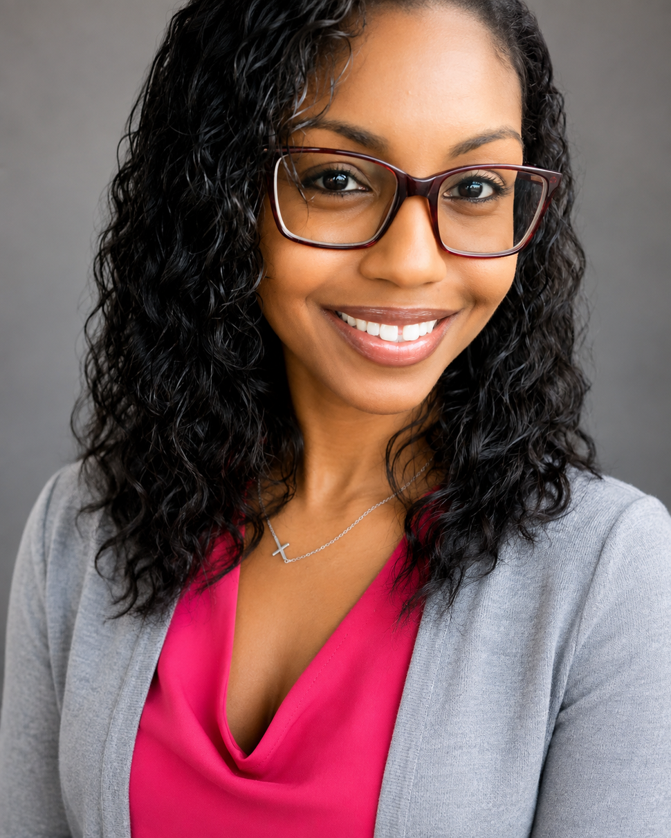 Photo of Samantha Caesar-Johnson wearing a red shirt, grey sweater, and black glasses