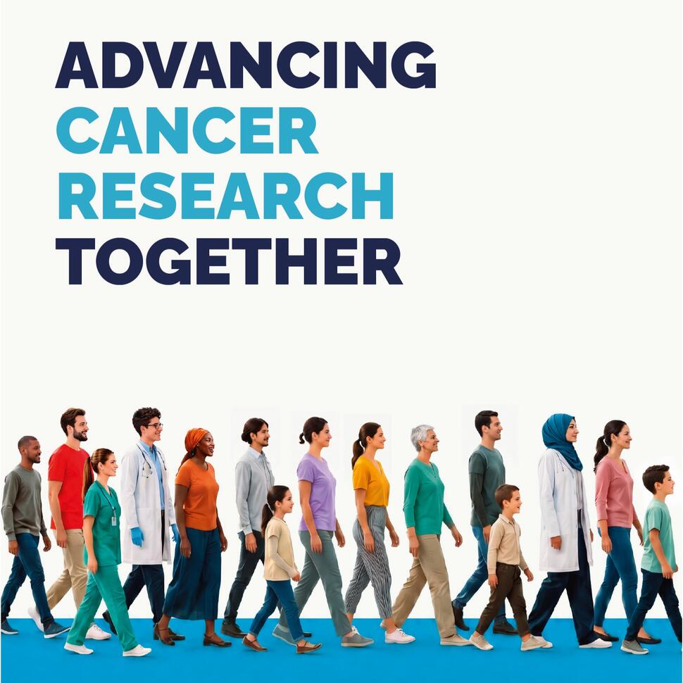 Image of a diverse group of people walking, with the text "Advancing cancer research together" written above.
