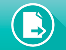 Silhouette icon of a document with an arrow within a circle on a teal background