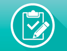 Silhouette icon of a clipboard with a checkmark and pencil inside on a teal gradient background