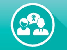 Silhouette icon of a two people talking inside a circle on a teal gradient background