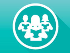 Silhouette icon of a group of people reading a book within a circle on a teal gradient background