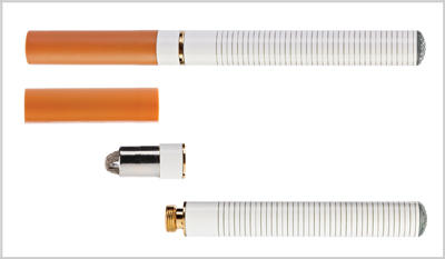 Two views of an e-cigarette; one, the e-cigarette in its entirety, appearing very similar to a regular cigarette with orange-brown filter and white body. The second view shows the three pieces that make up the e-cigarette separately: the “filter”, a metallic middle section, and the top white section. 