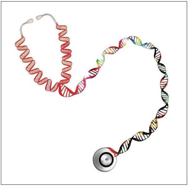 An illustrated stethoscope. The tubing is made from DNA strands, while the eartips and bell are the usual materials.