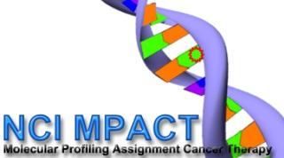 Logo for NCI MPACT (Molecular Profiling Assignment Cancer Therapy) featuring a colorful DNA double helix with orange, green, white, and purple strands, accompanied by blue text displaying the program name and acronym.