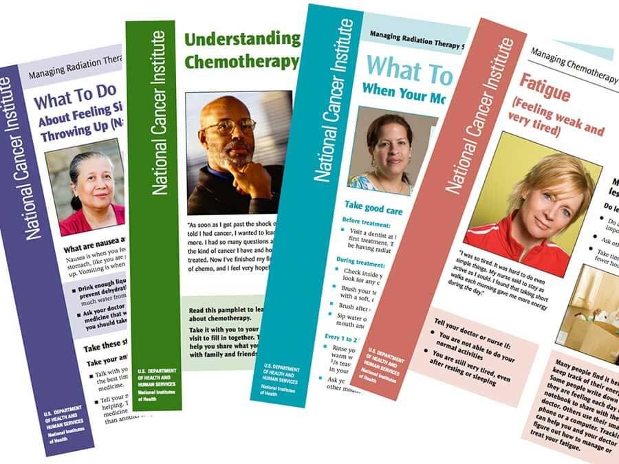 Four brochures from the National Cancer Institute with information about understand cancer treatment and managing side effects. Each brochure has a photo of a different person and uses a individual color for design.