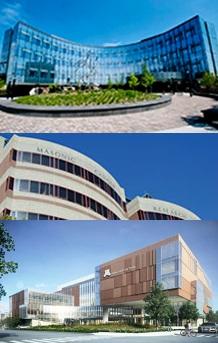 A three-panel, vertically stacked image that shows three photos of building exteriors. The first is a curved building of mostly glass; the second shows a closer view of the Masonic Cancer Center text on a building exterior of beige and glass; the final image shows a large, modern building.