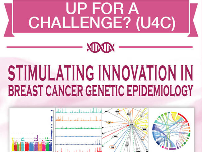 A collage image titled “Up for a challenge? (U4C)”. The title is displayed in a banner. Below that, an icon of a DNA strand. Below that, text that reads “Stimulating innovation in breast cancer genetic epidemiology”. Four images, side-by-side, show different data visualizations. 