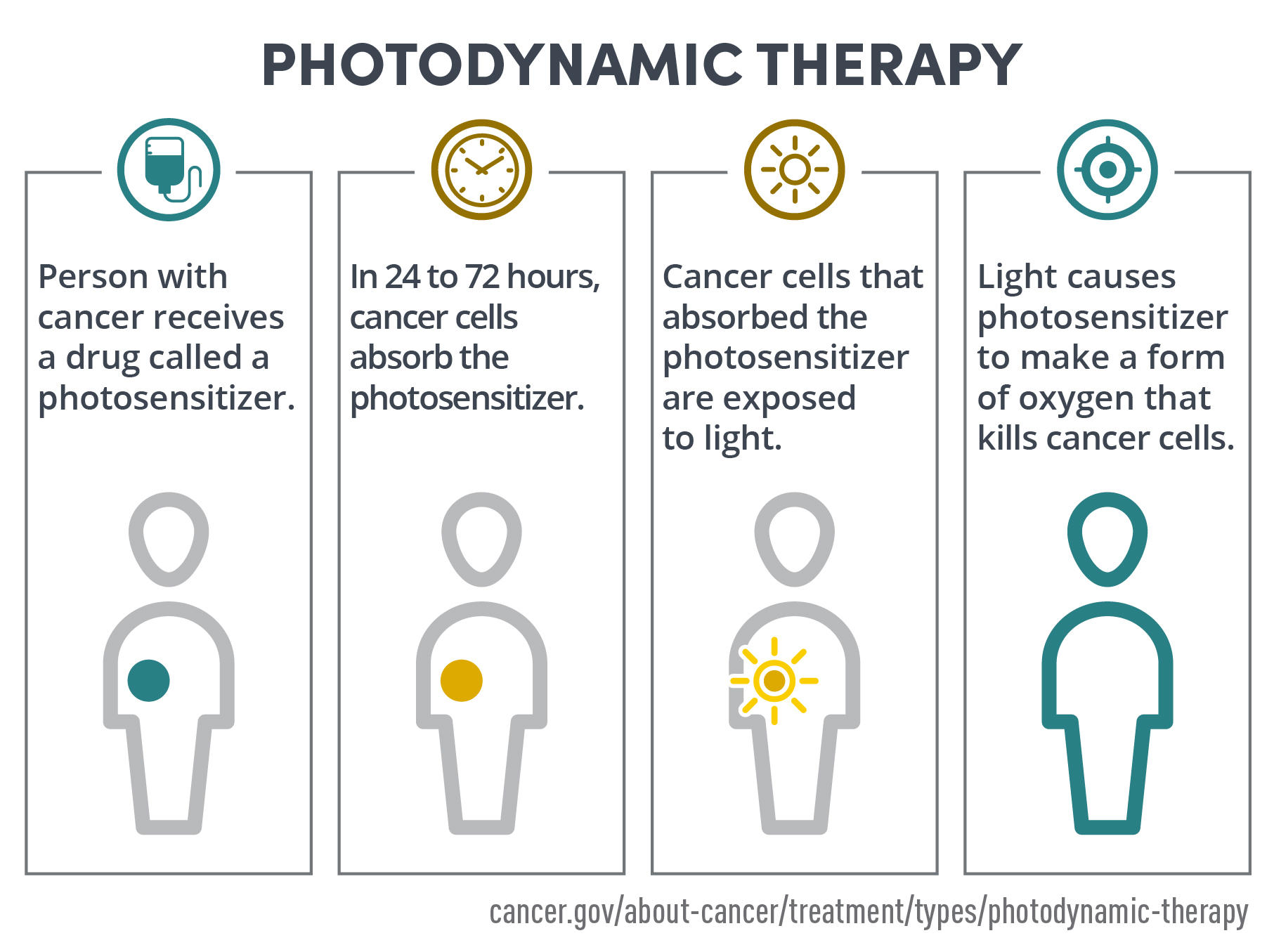 Diagram showing the photosensitizing medicine, light activation and local treatment response in photodynamic therapy