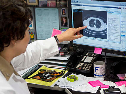 Researcher seated by a desk and computer screen points to detail in a CT scan on the screen.