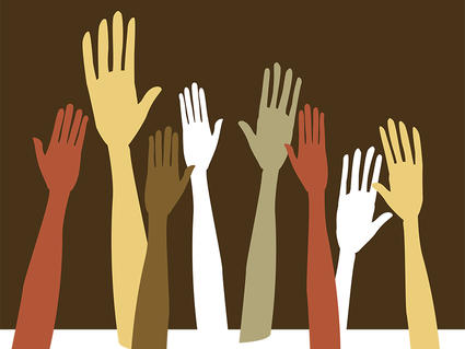 An illustration of different sized hands in various shades of brown, red, yellow and white on a brown background.
