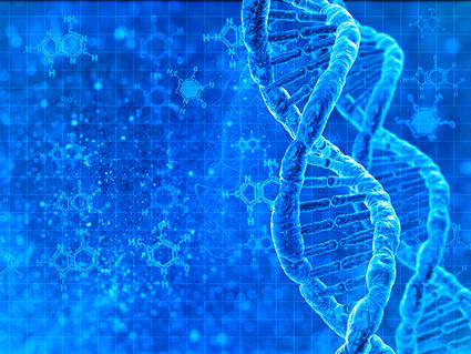 Two double helix DNA strands on top of a gridded, textured background that contains randomly sized chemical bond-line formulas.