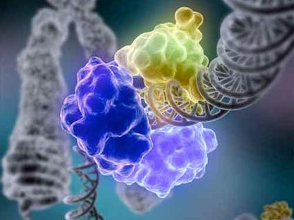 Purple and greenish enzymes surround a grayscale strand of DNA