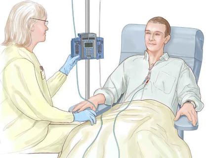 Illustration of a medical professional giving a patient chemotherapy. Both are seated, with the medical professional in scrubs and gloves and the patient in a casual long sleeve shirt sitting in a chair. The machine has two IV bags and one is labeled “Chemotherapy.” On the opposite side of that machine text reads “Patient receives treatment to destroy blood-forming cells.”