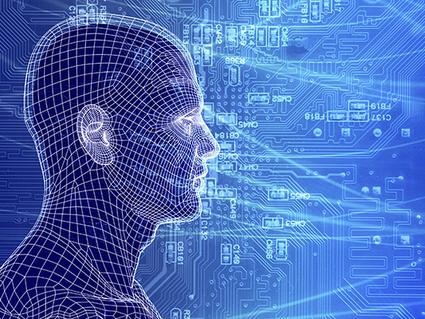 A digital illustration of a wireframe human head is set against a blue background filled with circuit patterns, symbolizing the connection between technology and the human mind.