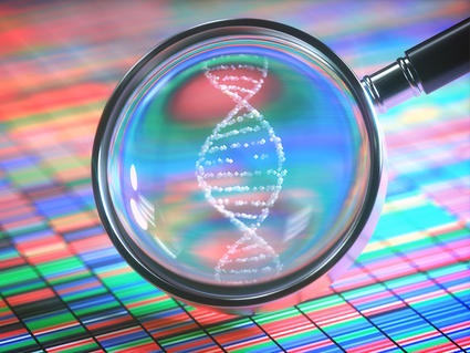 Artistic illustration of a magnifying glass revealing a DNA double helix structure over a background of colorful genetic data.