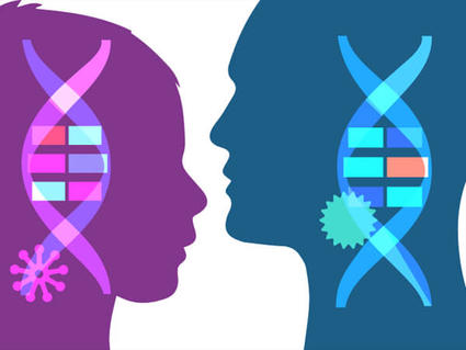 Illustration of two silhouettes facing each other, one in purple and the other in blue. Each silhouette features a stylized DNA double helix integrated within their profiles. The purple silhouette has a virus-like structure, while the blue silhouette includes a spiky shape.