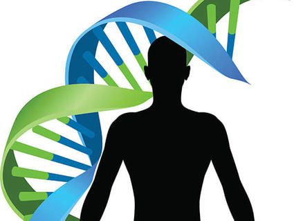 Illustration of a double helix DNA chromosome strand behind a human silhouette