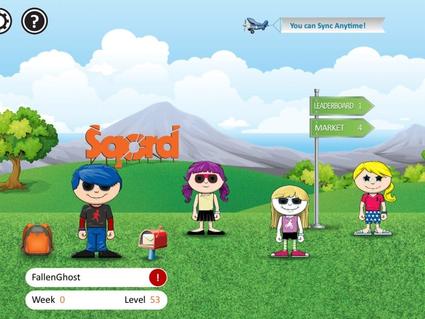Screenshot of the interactive Sqord app showing cartoon characters in a colorful virtual landscape, designed to gamify exercise for young cancer survivors with features like leaderboards, virtual marketplaces, and social syncing capabilities.