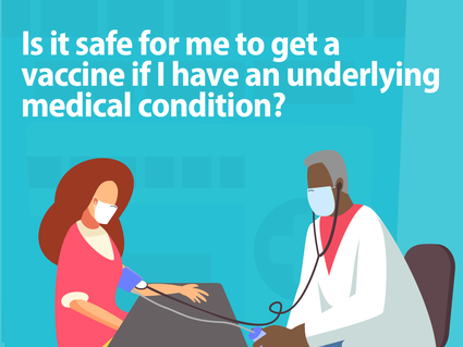 Cartoon of a patient with her doctor wondering if she should get a COVID-19 vaccine.