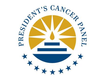A circular logo with the text “President’s Cancer Panel” curved over the top. Below is a stylized flame emitting rays of light. At the bottom, balancing the text at the top, are nine stars. The logo is mostly dark blue, with the exception of the flame and light rays, which are gold. 