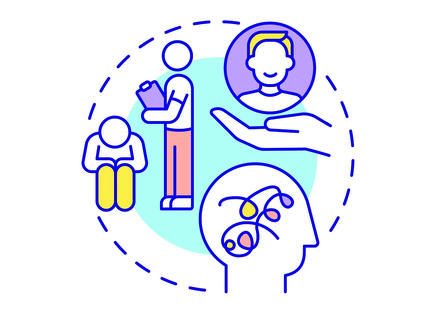 A icon containing three distinct scenes within a dotted circle. The first shows a seated person with their head bowed while a person with a clipboard stands next to them; the second shows a side view of a hand with a circle containing a smiling head floating above the hand; the last shows a silhouette of a head with squiggly lines where the brain would reside.