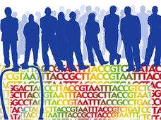 Silhouettes of people in dark blue sit above blocks of the letters ACGT. The letters go from larger to smaller from the top and outside of the image to the bottom center. The letters are gradients of yellow, orange, red, and green. Part of a silhouette of a stethoscope in dark blue is in the top left.
