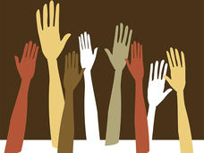 An illustration of different sized hands in various shades of brown, red, yellow and white on a brown background.