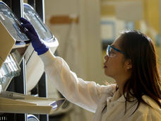 Researcher in a lab using a DNA sequencer. 