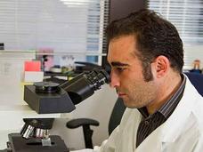 Scientist in white lab coat examining samples through a microscope in a laboratory setting.